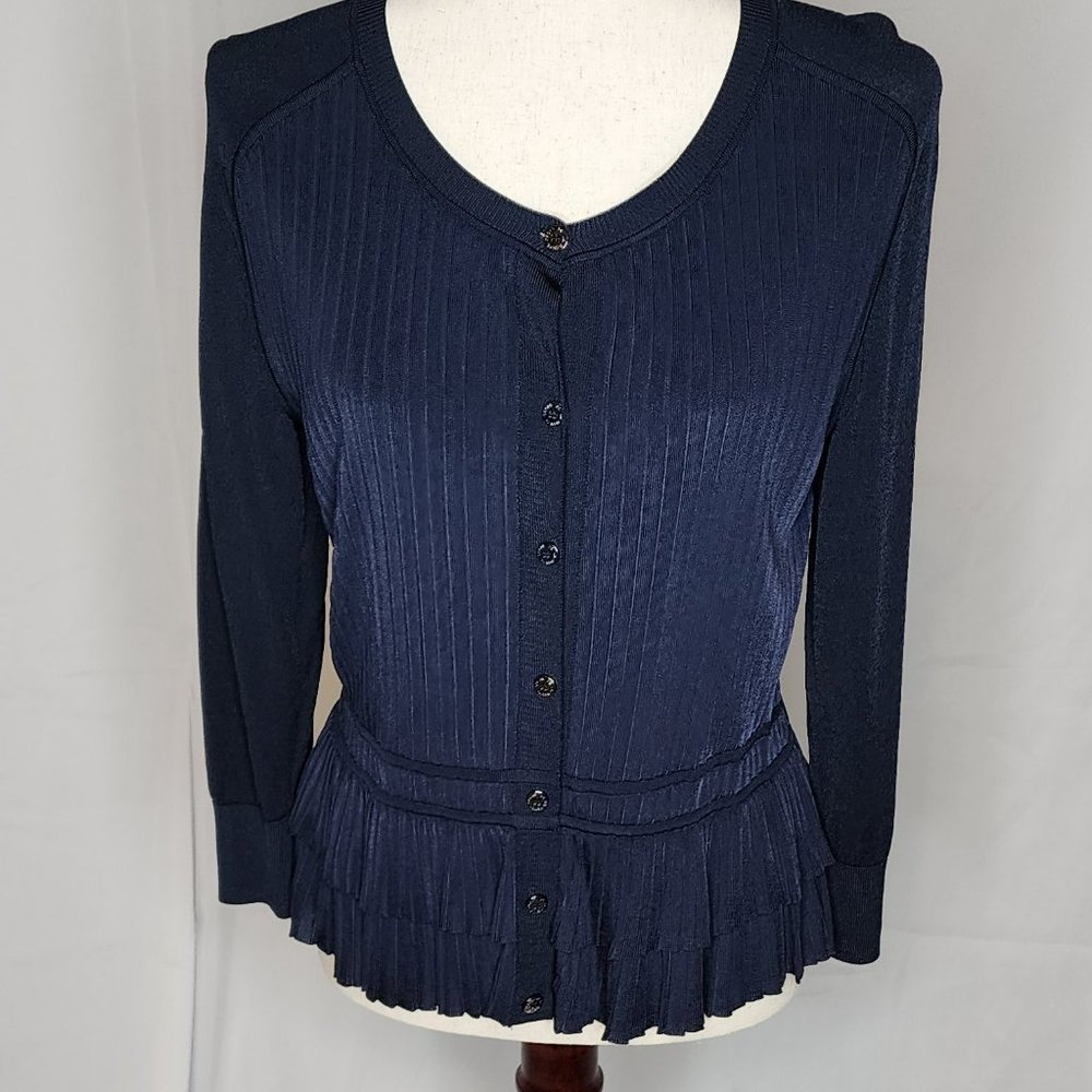 Oscar de la Renta Navy Button Front Ruffle Hem Cardigan Size: L - Picture 2 of 16